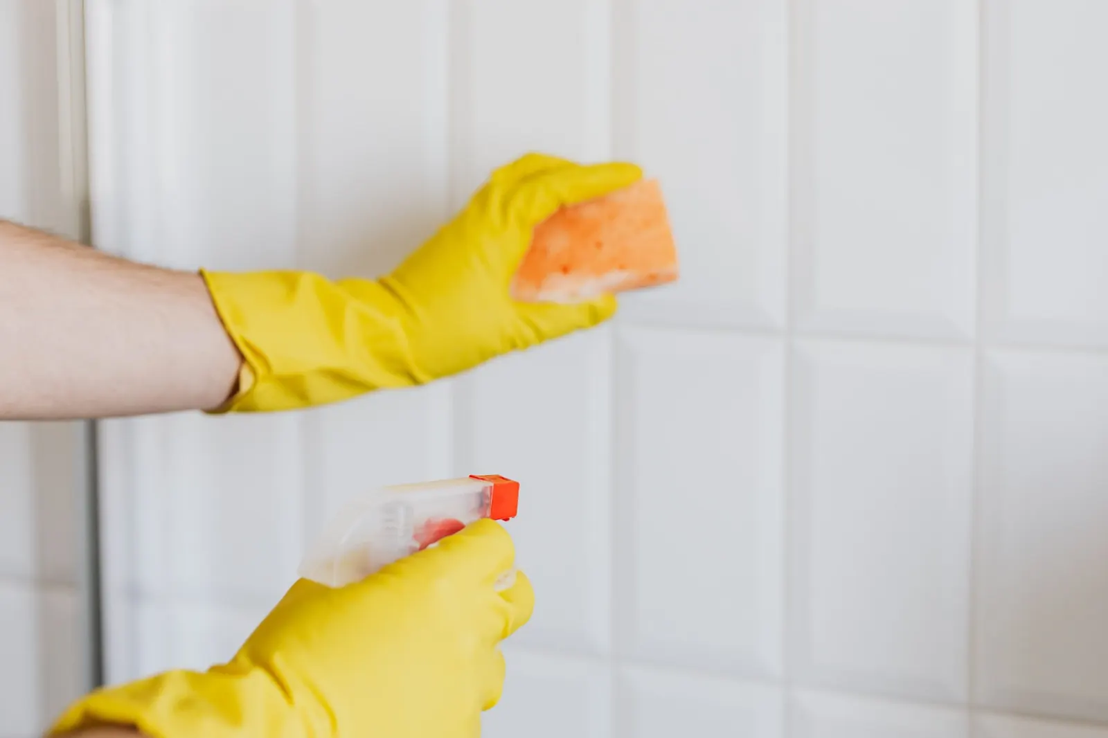Gloved hands cleaning white wall tiles with a sponge and spray bottle