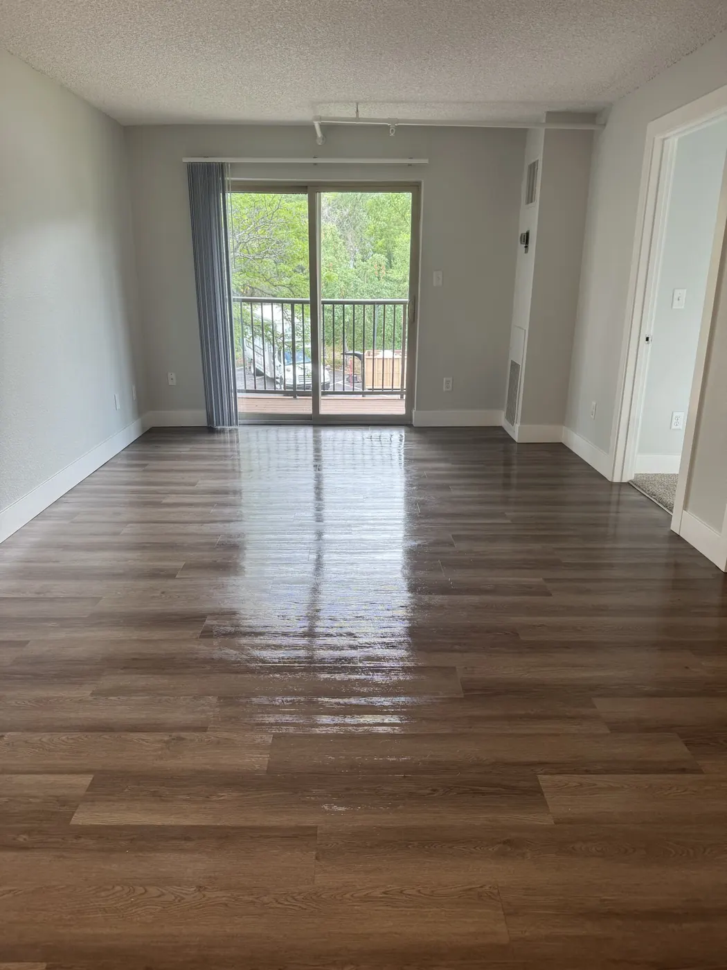 Bright empty living room with shining floors and a balcony door